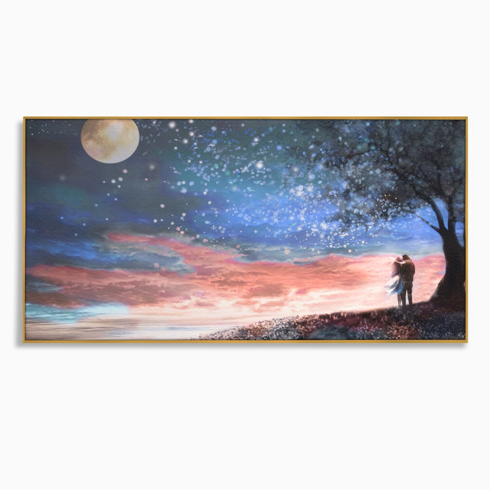 Tablou canvas cu ilustratie cuplu sub cer instelat, in rama de aluminiu auriu